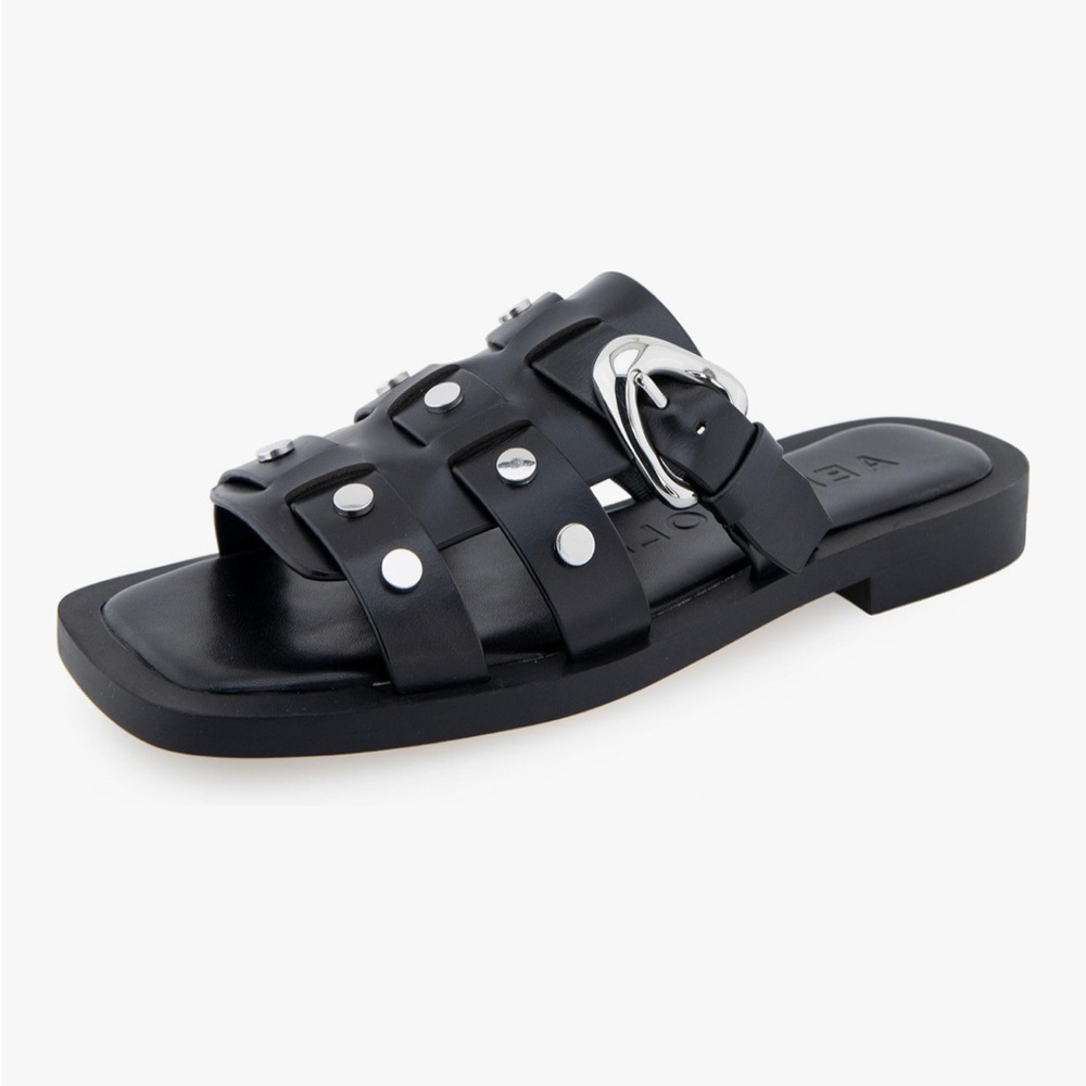 AEROSOLES Black Studded Double-Strap Slide St Marks Sandals